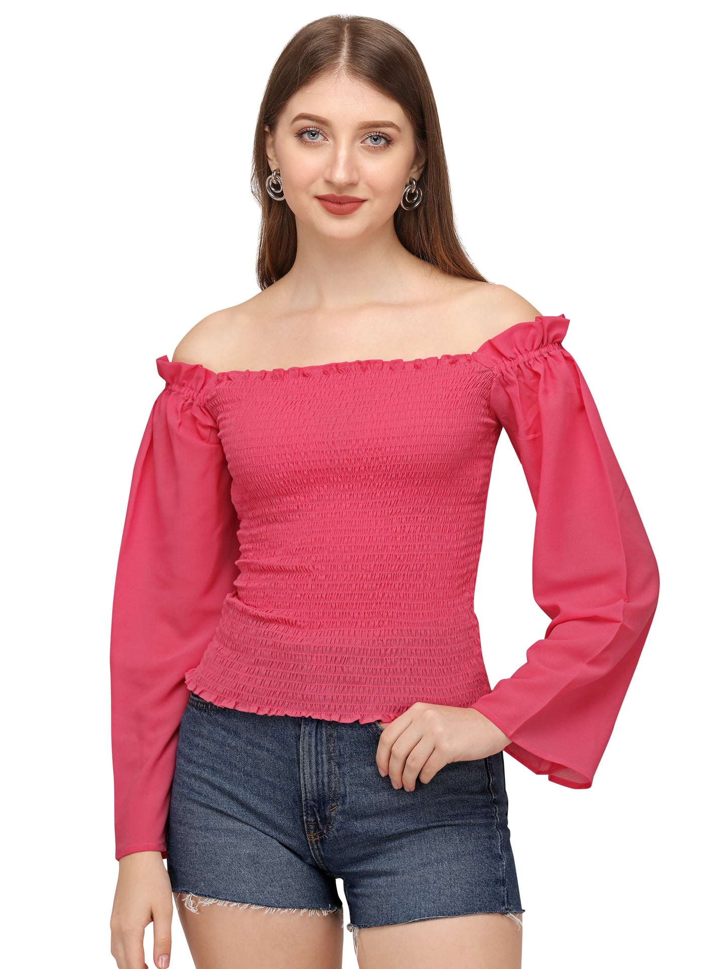 SXV Latest Stylish Georgette Smocked Pink full Sleeve off shoulder Neck top for Women & Girls | Casual top for Jeans/Pants pink colour