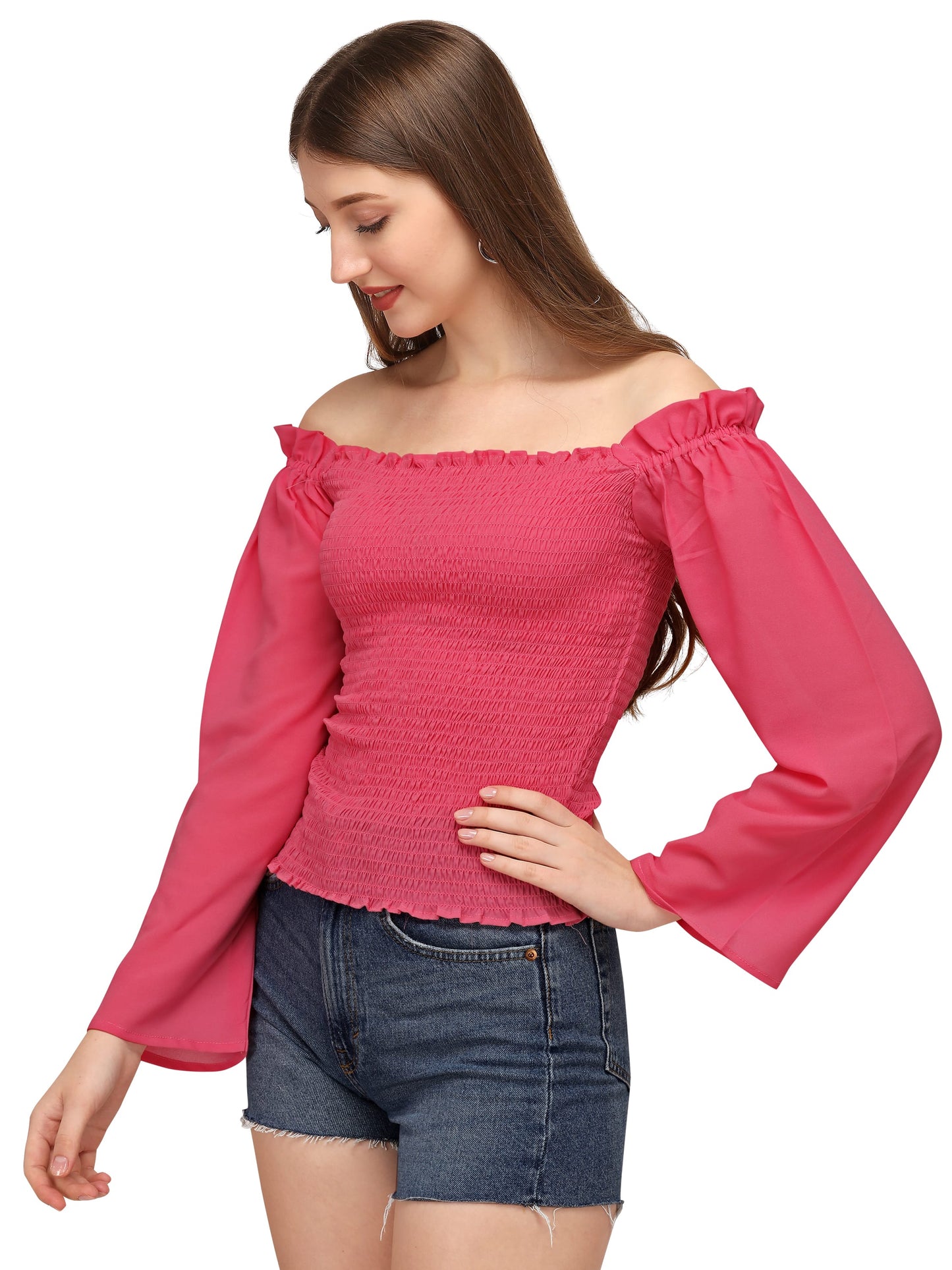 SXV Latest Stylish Georgette Smocked Pink full Sleeve off shoulder Neck top for Women & Girls | Casual top for Jeans/Pants pink colour