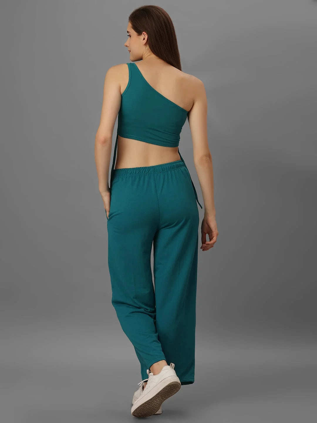 SXV Solid TEALGREEN one-shoulder knitted Crop Top