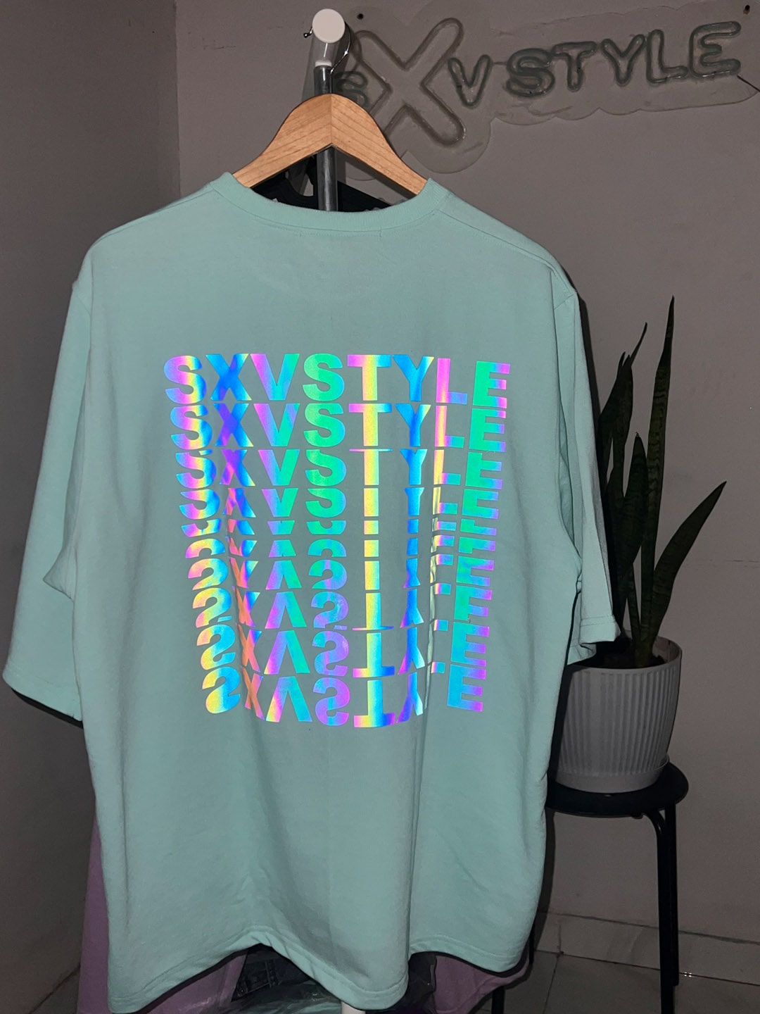 SXV CO-ORDS set : Mintgreen Reflective Rainbow Oversized T-shirt And Trouser Combo