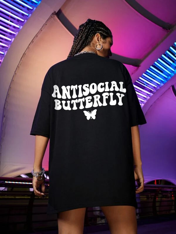 SXV  'ANTISOCIAL BUTTERFLY’ Printed Cool Aesthetic Oversized T-shirt