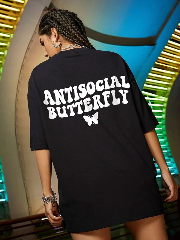 SXV  'ANTISOCIAL BUTTERFLY’ Printed Cool Aesthetic Oversized T-shirt