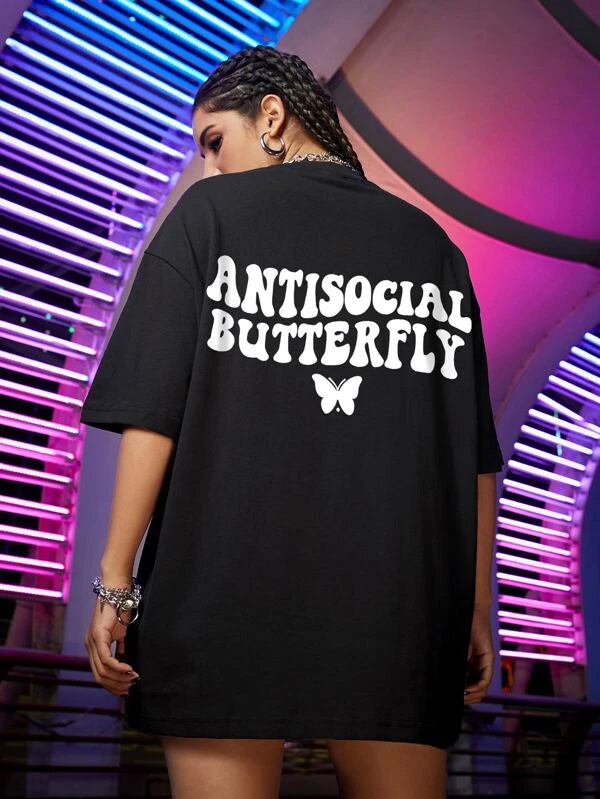 SXV  'ANTISOCIAL BUTTERFLY’ Printed Cool Aesthetic Oversized T-shirt