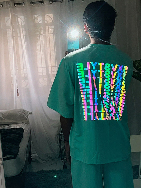 SXV CO-ORDS set : Mintgreen Reflective Rainbow Oversized T-shirt And Trouser Combo