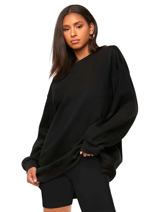 SXV Black Solid Round Neck Drop Shoulder Plain Oversized Sweatshirt