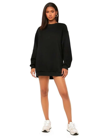 SXV Black Solid Round Neck Drop Shoulder Plain Oversized Sweatshirt