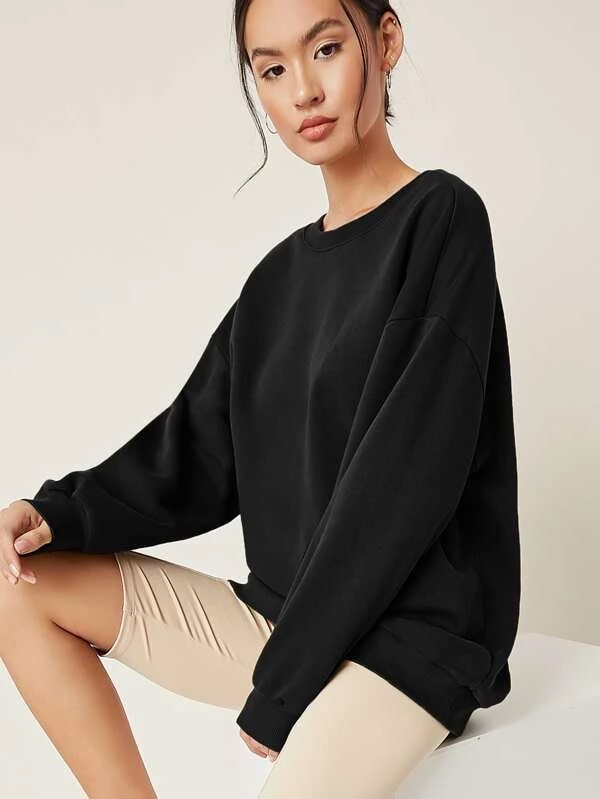 SXV Black  Plain  Round Neck Drop Shoulder Solid Oversized Sweatshirt