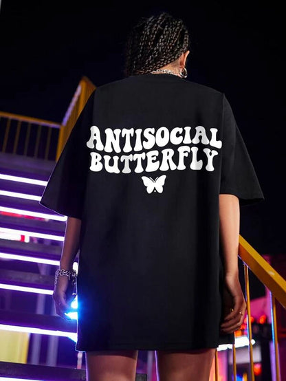 SXV  'ANTISOCIAL BUTTERFLY’ Printed Cool Aesthetic Oversized T-shirt