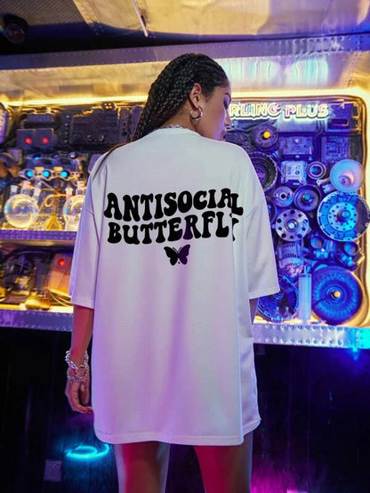 SXV  'ANTISOCIAL BUTTERFLY’ Printed Cool Aesthetic Oversized T-shirt