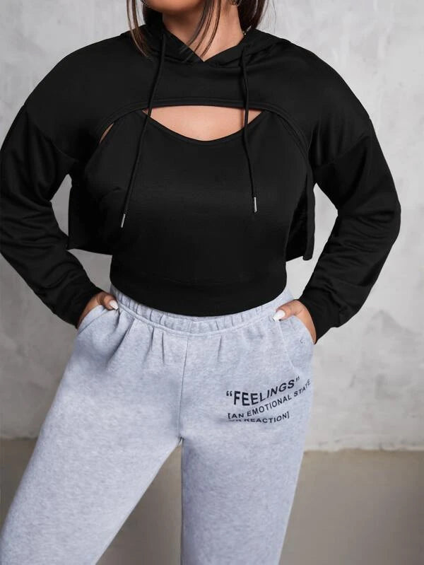 SXV SOLID PLAIN BLACK OVER CROPPED HOODIE