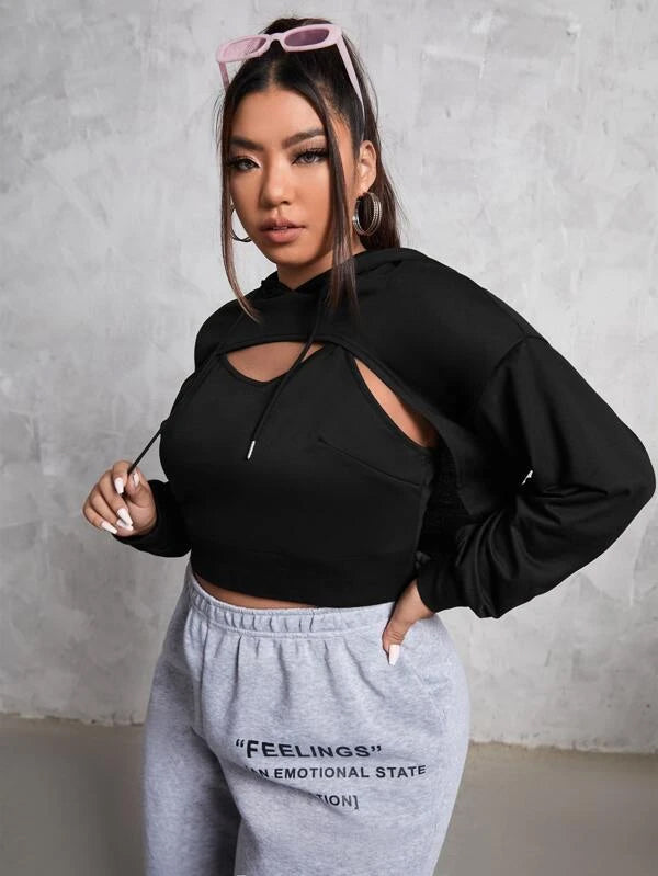 SXV SOLID PLAIN BLACK OVER CROPPED HOODIE