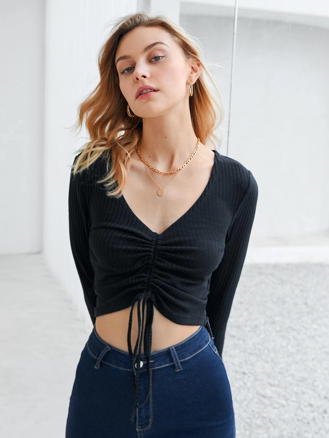 SXV Front Drawstring Rib Knit Top