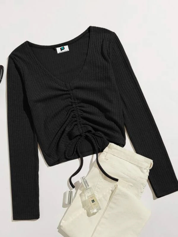 SXV Front Drawstring Rib Knit Top