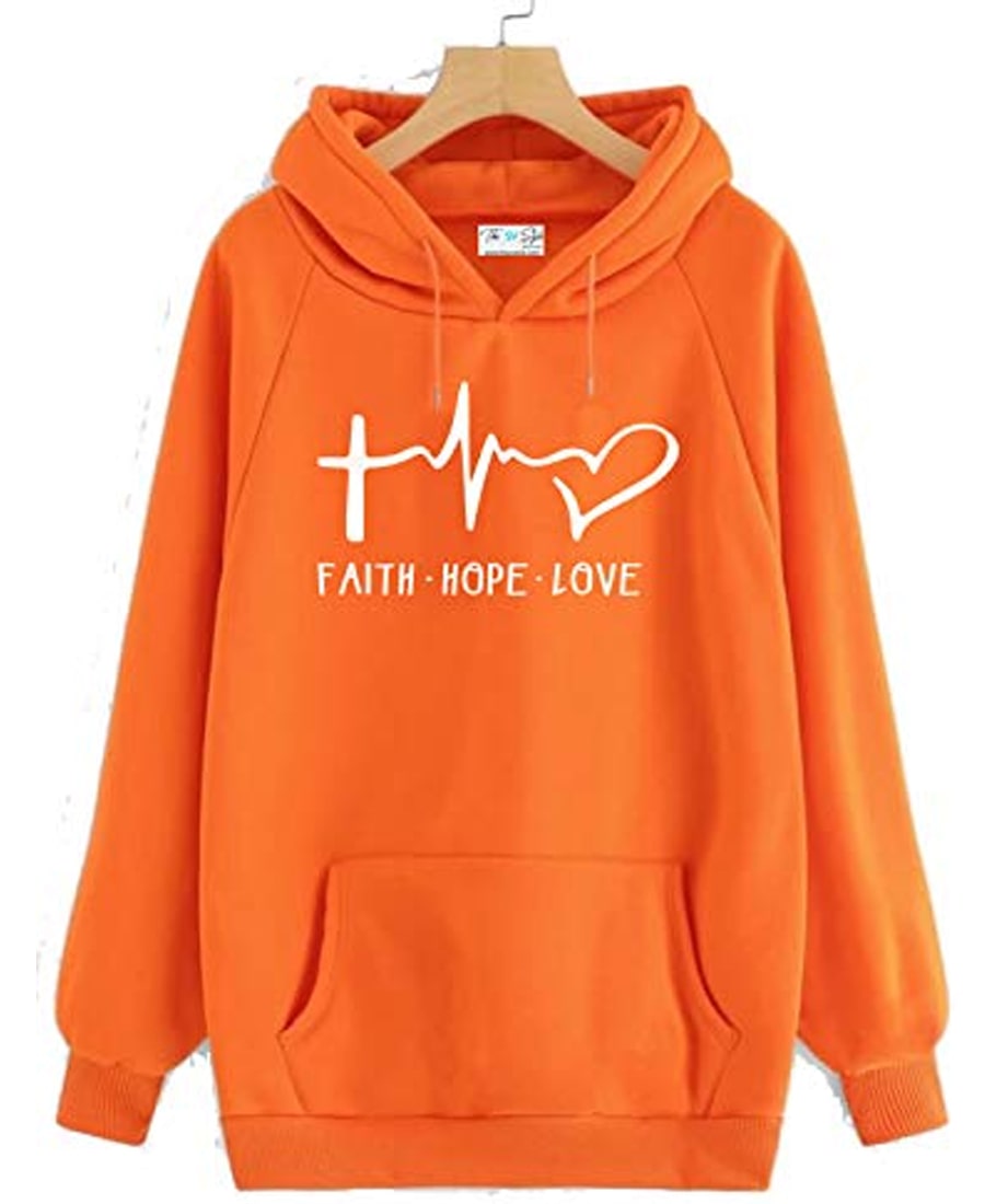 SXV Style Unisex ORANGE Hoodie with White Print: Faith Hope Love / Printed Red Hoodie