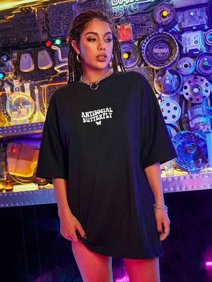 SXV  'ANTISOCIAL BUTTERFLY’ Printed Cool Aesthetic Oversized T-shirt