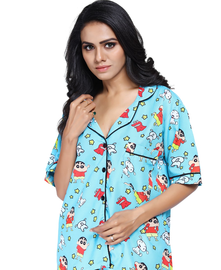 SXV STYLE Women's Cotton Blend All Over Print Shinchan Pyjama Set