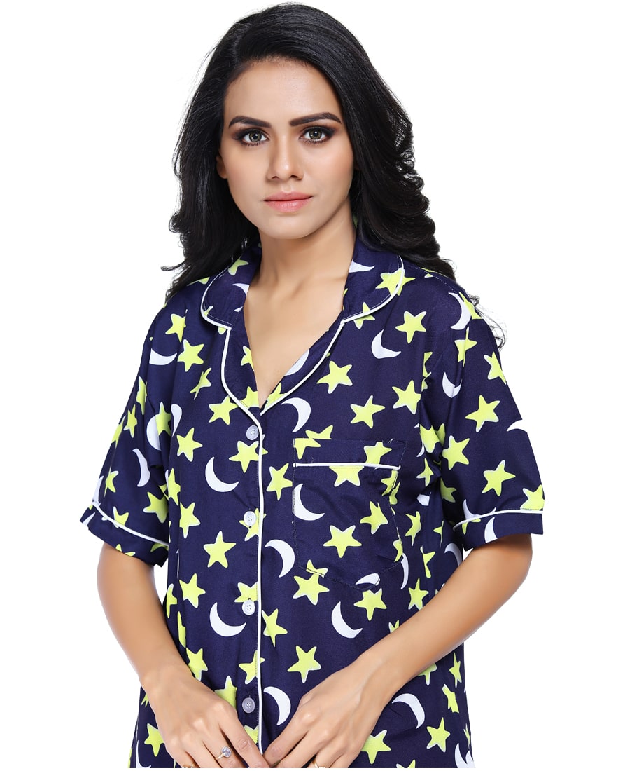 SXV Women's Cotton Printed Night Suit Pyjama Set : Star Moon (Lowest price - non returnable)