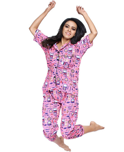 SXV Women's Cotton Printed Night Suit Pyjama Set : Makeup (Lowest price - non returnable)