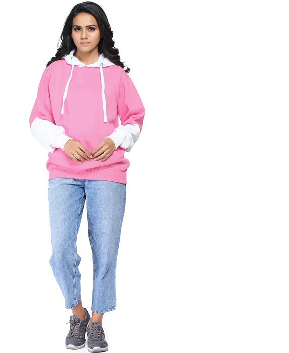 SXV Solid COLOURBLOCKED Sweatshirt Hoodie for Women (Pink.White)