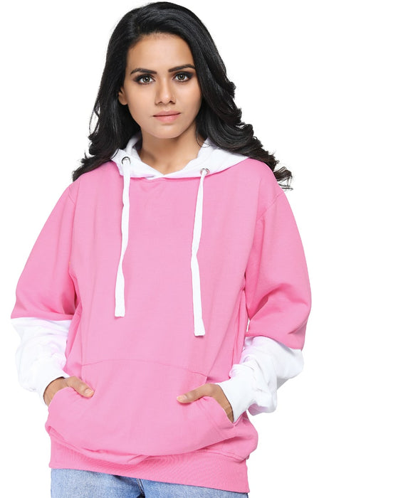 SXV Solid COLOURBLOCKED Sweatshirt Hoodie for Women (Pink.White)