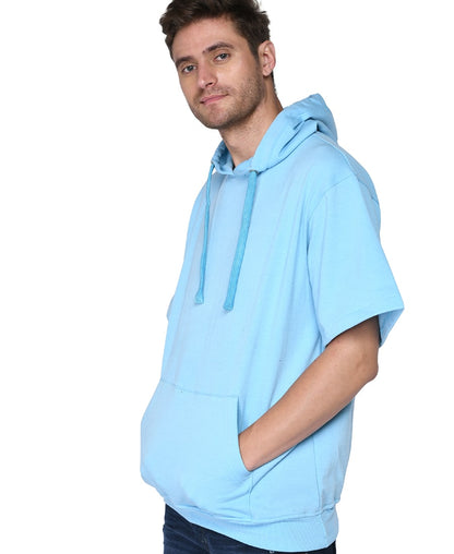 SXV Solid Plain Half Sleeve Sweatshirt Hoodie for Men & Women (AQUABLUE)