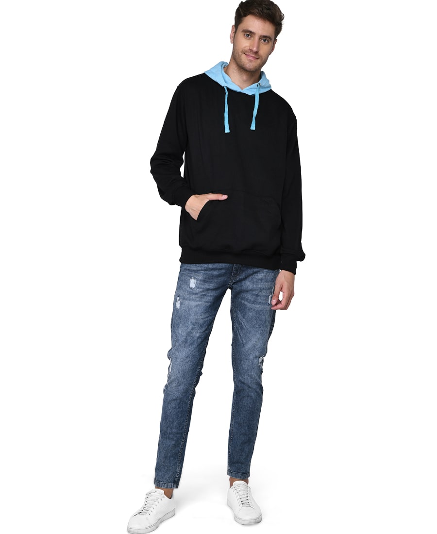 SXV Solid COLOURBLOCKED Sweatshirt Hoodie for Men & Women (Black.AQUABLUE)