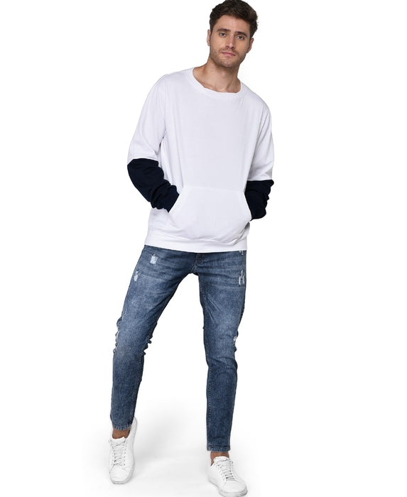 SXV Solid COLOURBLOCKED Sweatshirt Hoodie for Men & Women (White/NAVYBLUE)