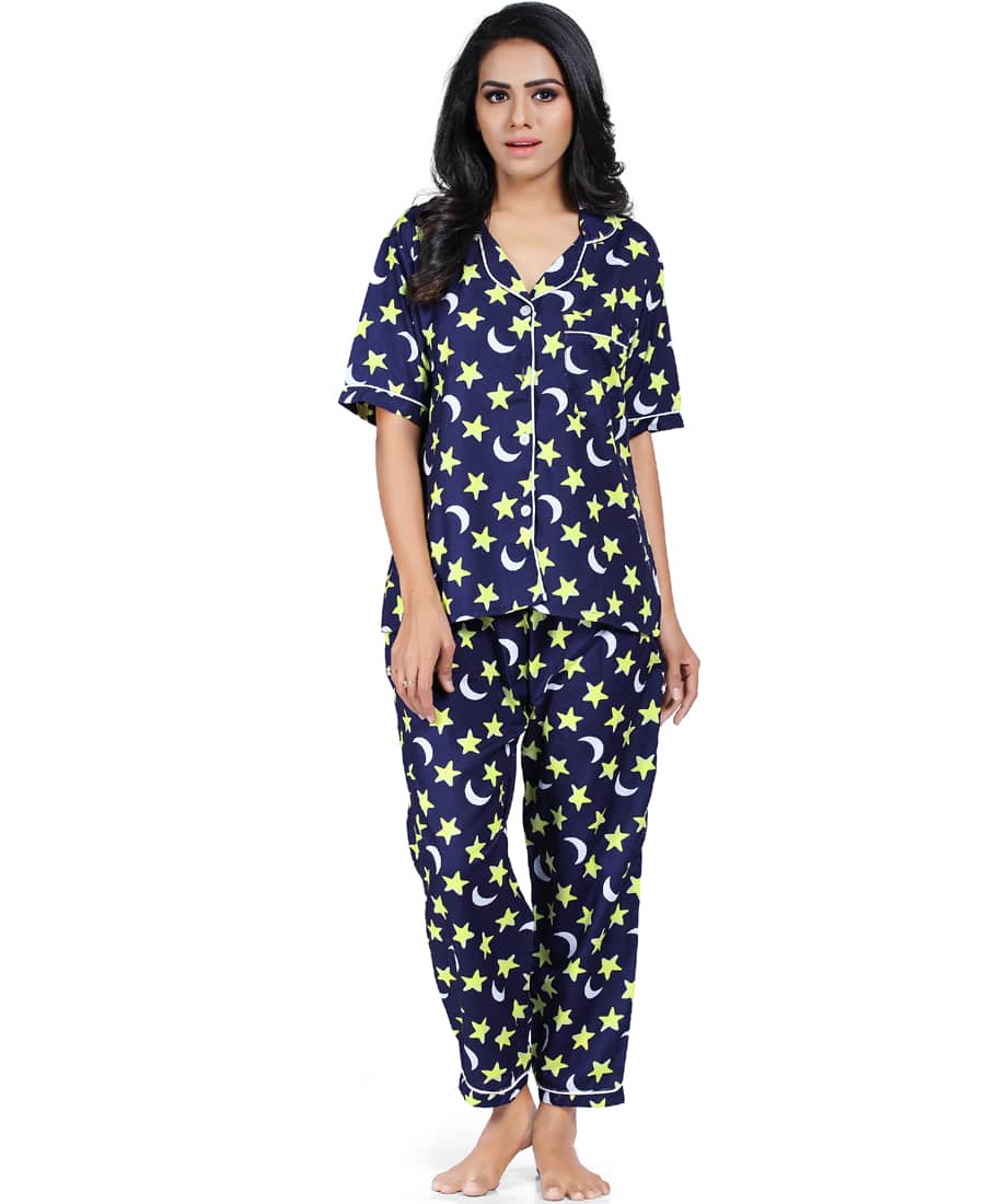 SXV Women's Cotton Printed Night Suit Pyjama Set : Star Moon (Lowest price - non returnable)