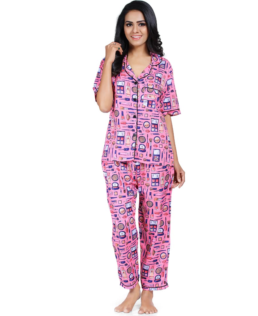 SXV Women's Cotton Printed Night Suit Pyjama Set : Makeup (Lowest price - non returnable)