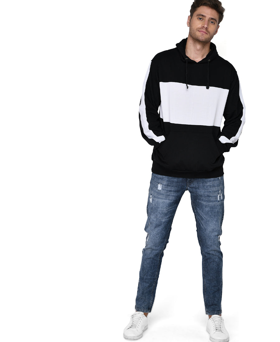 SXV Solid COLOURBLOCKED Striped Sweatshirt Hoodie for Men & Women (Black.White)