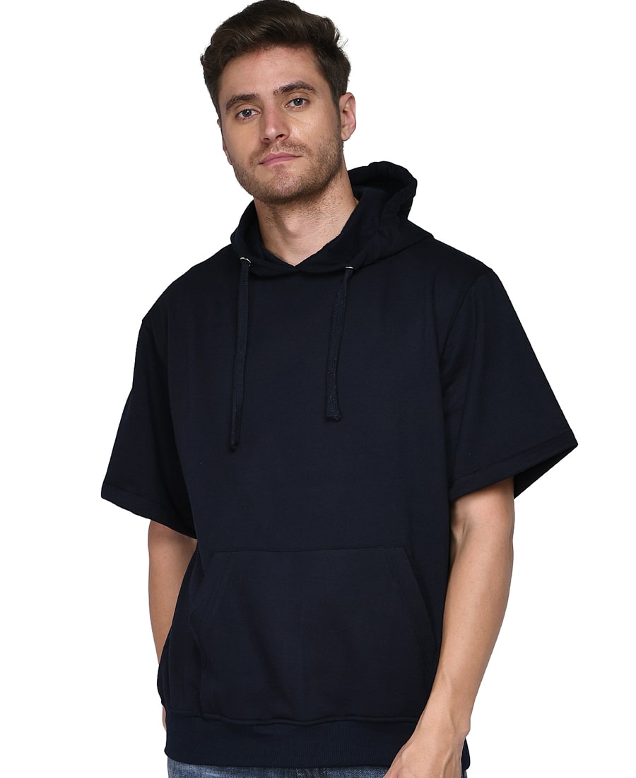 SXV Solid Plain Half Sleeves Sweatshirt Hoodie for Men & Women (NAVYBLUE)