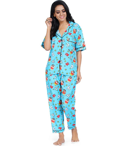 SXV STYLE Women's Cotton Blend All Over Print Shinchan Pyjama Set