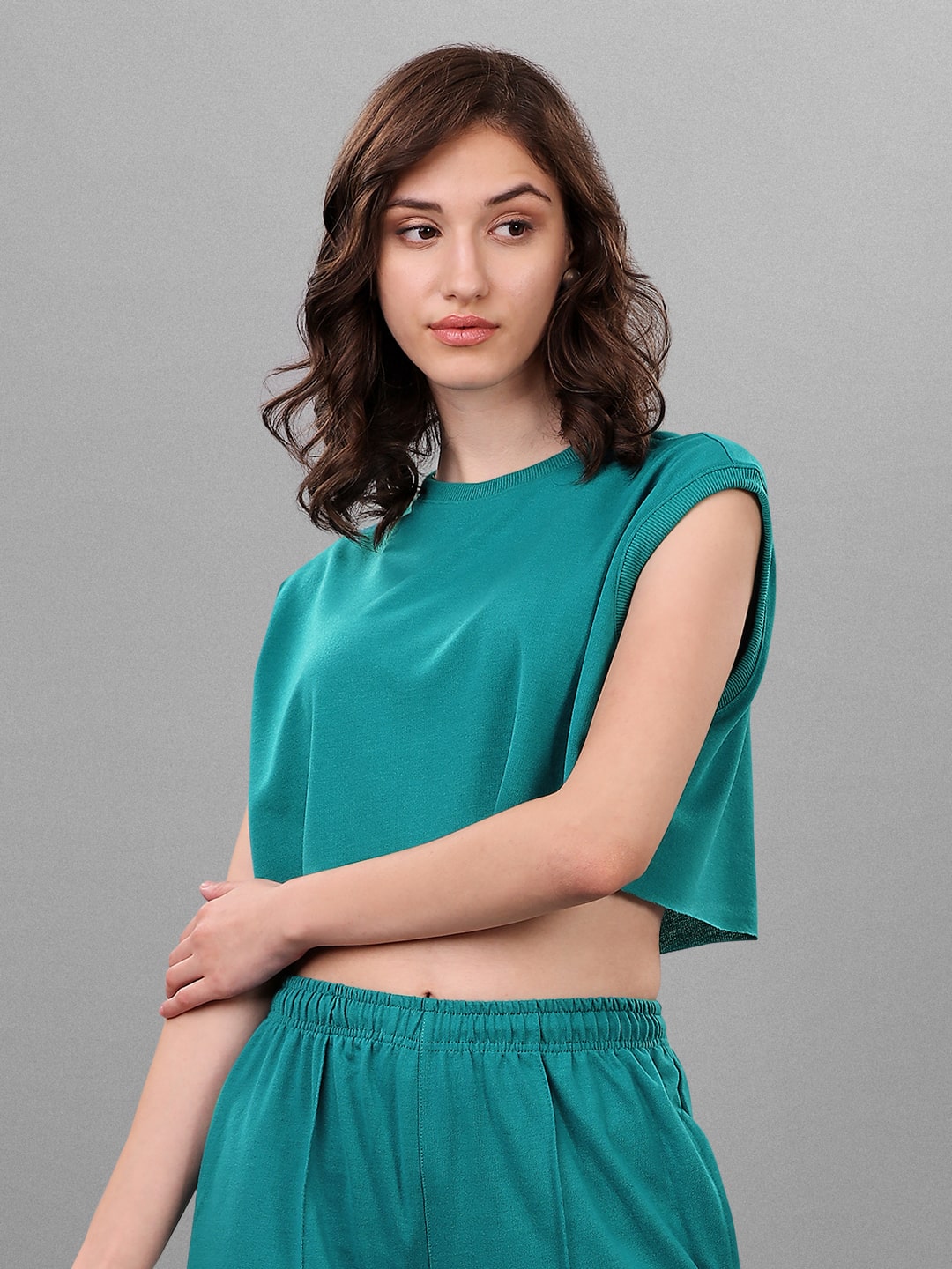 SXV Solid Teal Green Sleeveless Crop Top