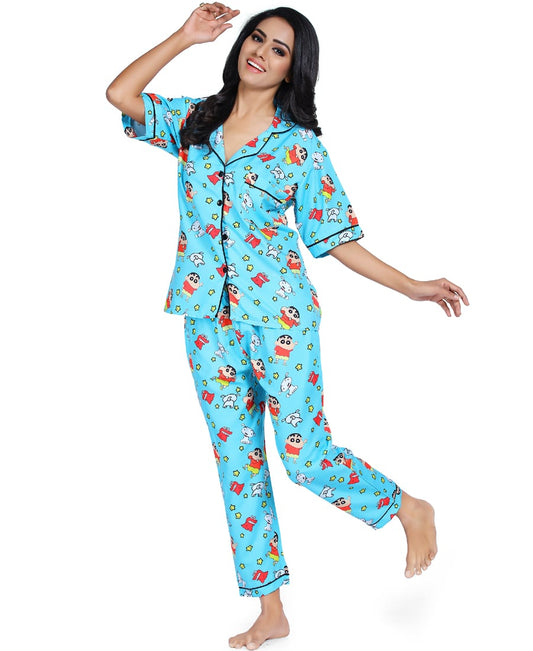 SXV STYLE Women's Cotton Blend All Over Print Shinchan Pyjama Set