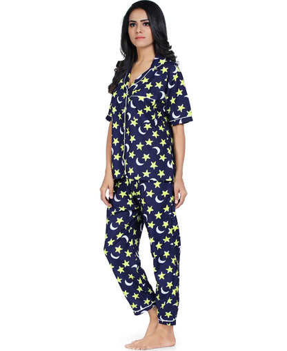 SXV Women's Cotton Printed Night Suit Pyjama Set : Star Moon (Lowest price - non returnable)