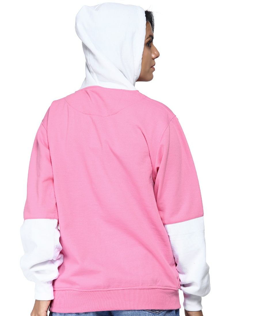 SXV Solid COLOURBLOCKED Sweatshirt Hoodie for Women (Pink.White)