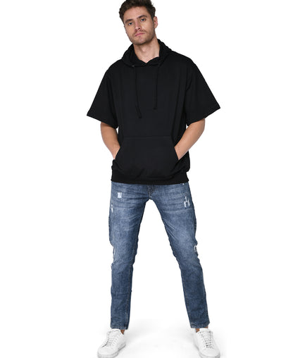 SXV Solid Plain Halfsleeve Sweatshirt Hoodie for Men & Women (Black)