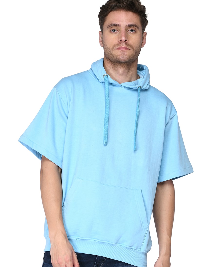 SXV Solid Plain Half Sleeve Sweatshirt Hoodie for Men & Women (AQUABLUE)