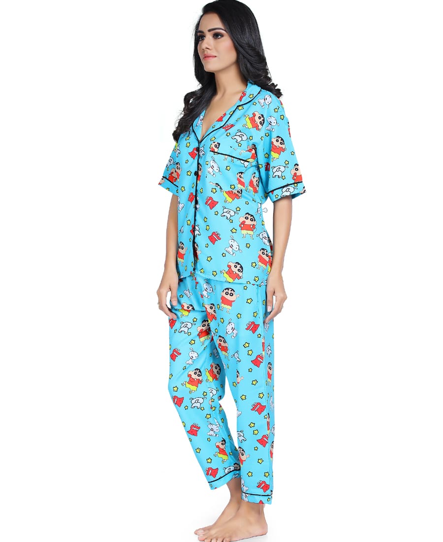 SXV STYLE Women's Cotton Blend All Over Print Shinchan Pyjama Set