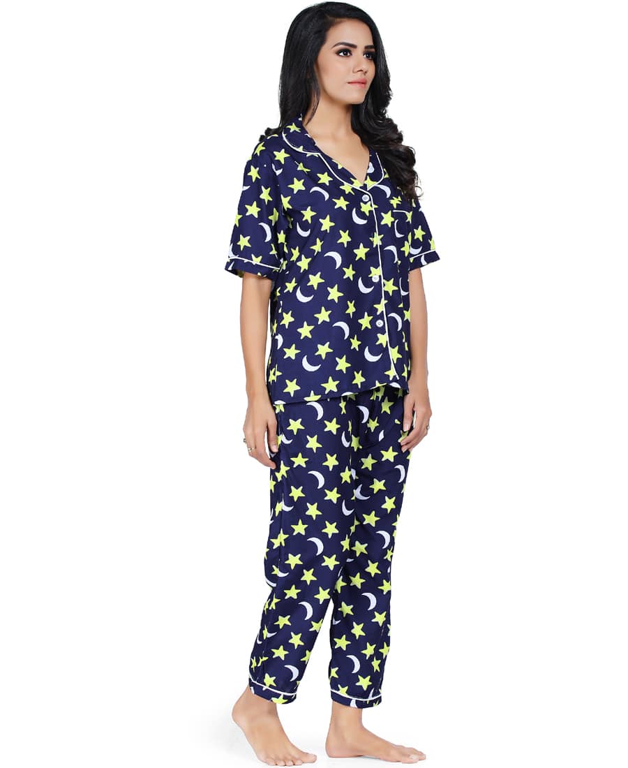 SXV Women's Cotton Printed Night Suit Pyjama Set : Star Moon (Lowest price - non returnable)