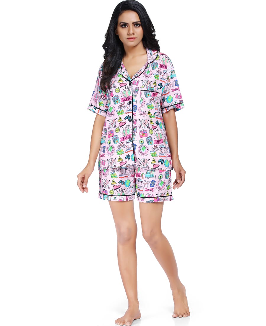 SXV Women's Cotton Printed Night Suit Pyjama Set : I Love Travel (Lowest price - non returnable)