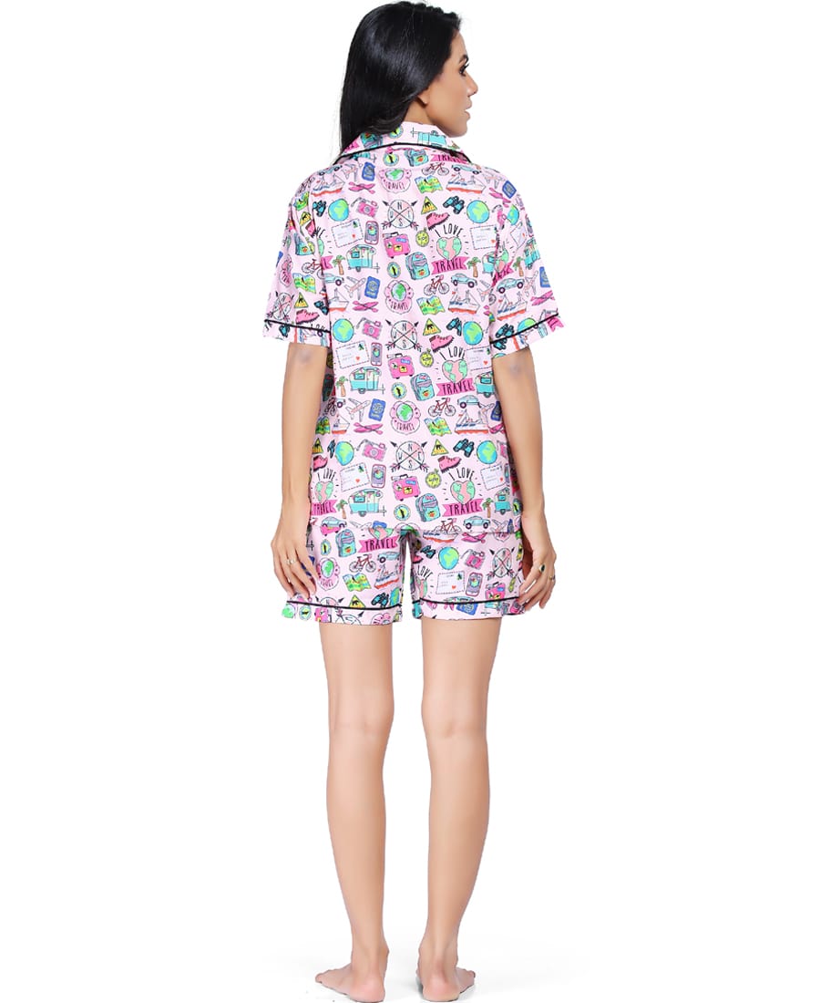 SXV Women's Cotton Printed Night Suit Pyjama Set : I Love Travel (Lowest price - non returnable)