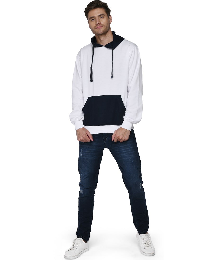 SXV Solid COLOURBLOCKED Sweatshirt Hoodie for Men & Women (White,NAVYBLUE)