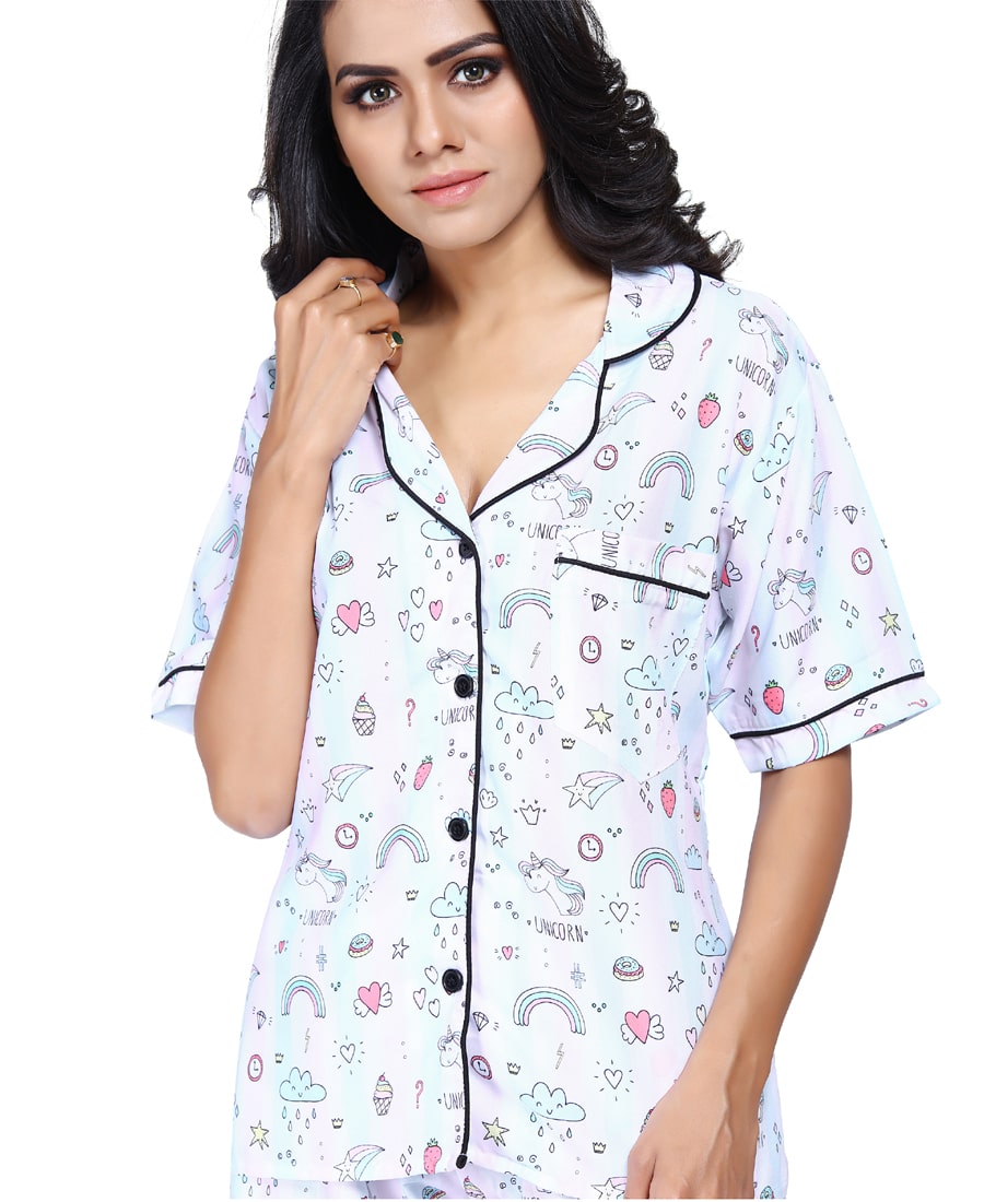 SXV Women's Cotton Printed Night Suit Pyjama Set : Unicorn Rainbow (Lowest price-non returnable)