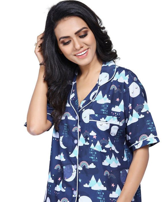 SXV Women's Cotton Printed Night Suit Pyjama Set : Moon and Mountains (Lowest price - non returnable)