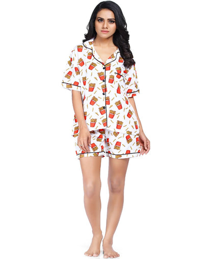 SXV Women's Cotton Printed Night Suit Pyjama Set : French Fries