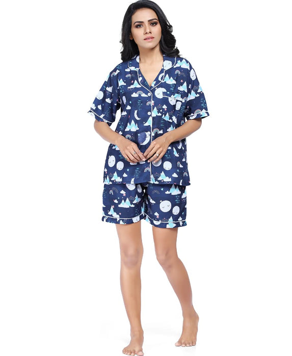 SXV Women's Cotton Printed Night Suit Pyjama Set : Moon and Mountains (Lowest price - non returnable)