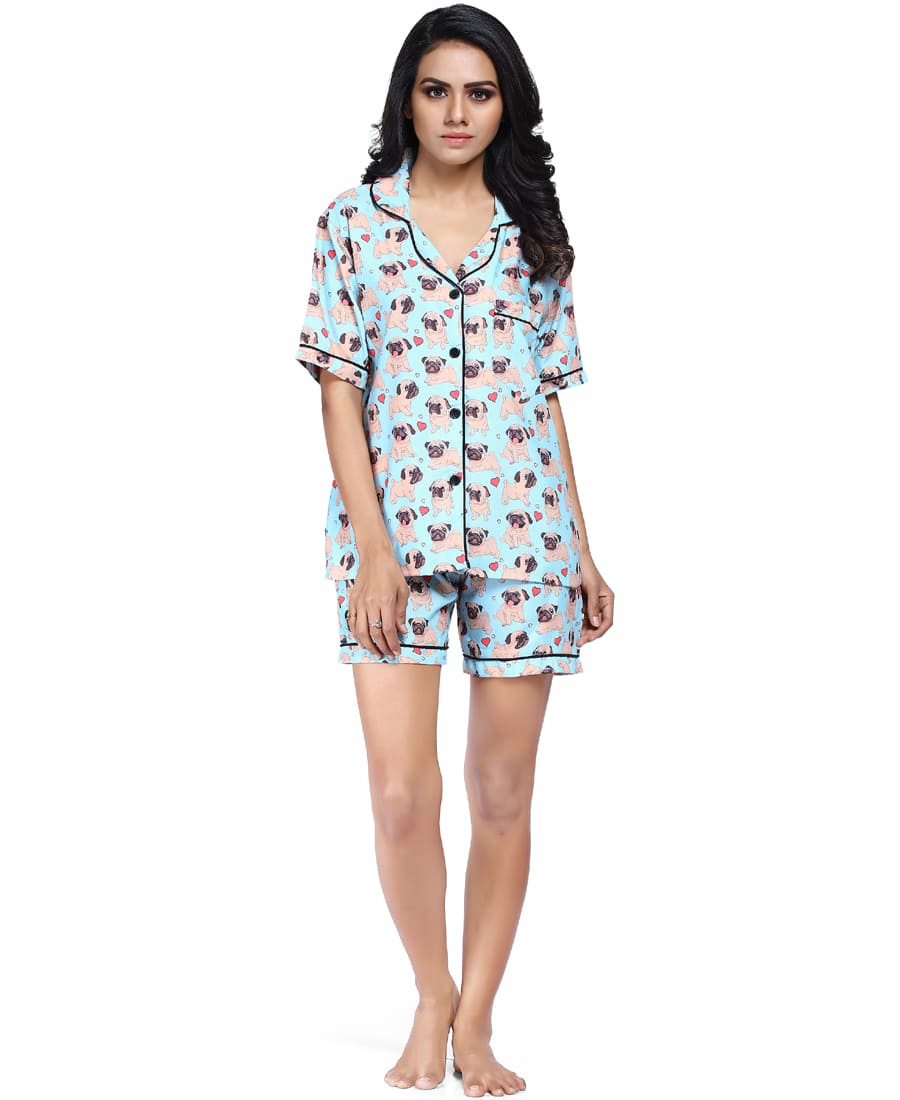 SXV Women's Cotton Printed Night Suit Pyjama Set : Pug Dog