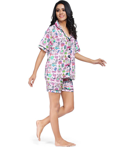 SXV Women's Cotton Printed Night Suit Pyjama Set : I Love Travel (Lowest price - non returnable)