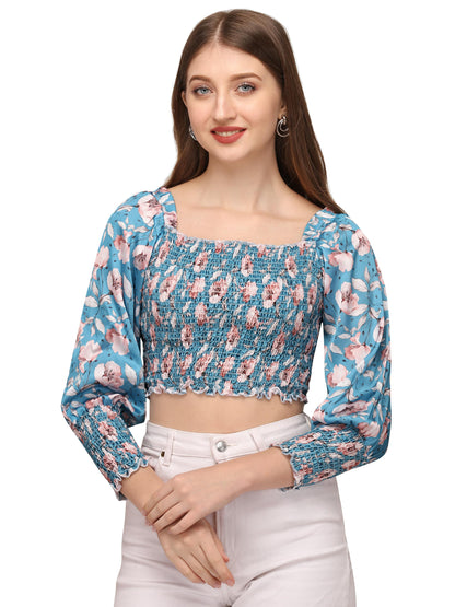 SXV Satin Fabric Smocked Sky blue Floral Print Full Sleeve Top | Sky blue Top | Top for Women and Girl